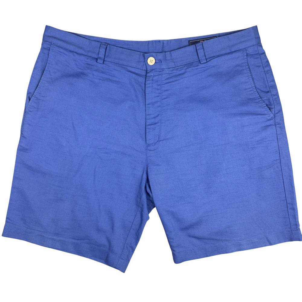 Vineyard Vines Breaker Shorts Men 38 Blue Linen Cotton Blend Flat Front 9 Inseam